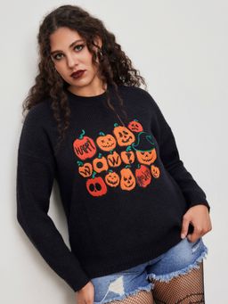 Cider - Knit Round Neckline Pumpkin Graphic Oversized Long Sleeve Top Curve & Plus