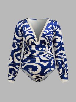 Cider - Velvet V-neck Abstract Lace Trim Ruched Bodysuit curve & Plus