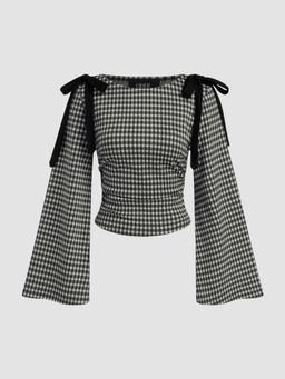 Cider - Boat Neck Gingham Bowknot Ruched Long Sleeve Top