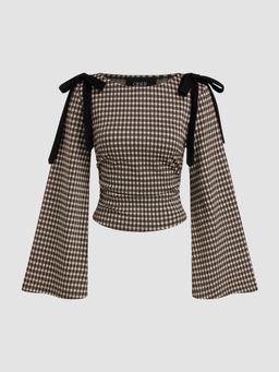 Cider - Boat Neck Gingham Bowknot Ruched Long Sleeve Top