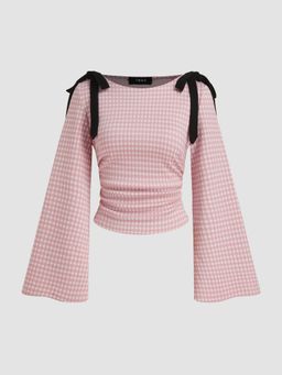 Cider - Boat Neck Gingham Bowknot Ruched Long Sleeve Top