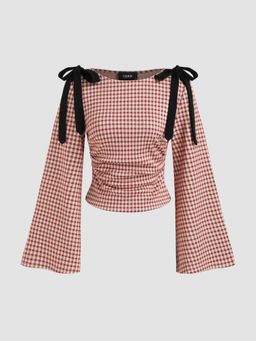 Cider - Boat Neck Gingham Bowknot Ruched Long Sleeve Top