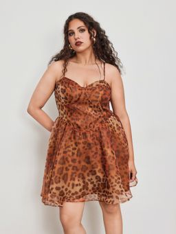 Cider - Sweetheart Neckline Leopard Ruffle Mini Dress Curve & Plus