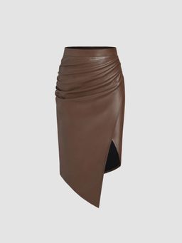 Cider - Faux Leather Mid Rise Solid Ruched Split Midi Skirt