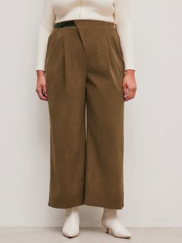 Cider - Corduroy Mid Rise Solid Belted Pocket Pleated Wide Leg Trousers Curve & Plus
