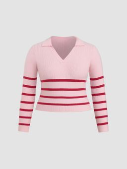 Cider - Knit Polo Striped Long Sleeve Sweater Curve & Plus