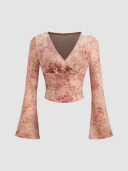 Cider - Mesh V-neck Floral Ruched Long Sleeve Top