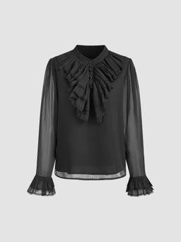 Cider - Solid Ruffle Hem Long Sleeve Blouse