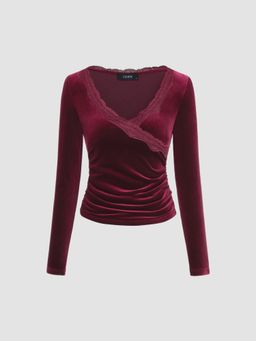 Cider - Velvet V-neck Solid Lace Ruched Long Sleeve Top
