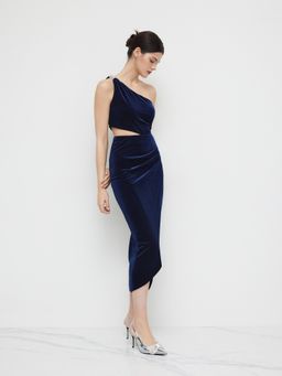 Cider - Velvet Asymmetrical Neck Solid Ruched Maxi Dress