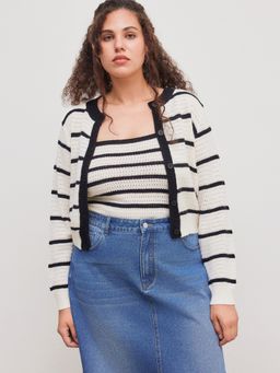 Cider - Knit Striped Contrasting Binding Button Cardigan & Striped Cami Top Curve & Plus