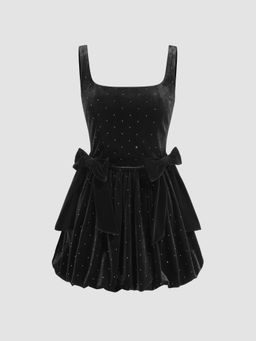 Cider - Velvet U-neckline Solid Bowknot Rhinestone Bubble Hem Mini Dress