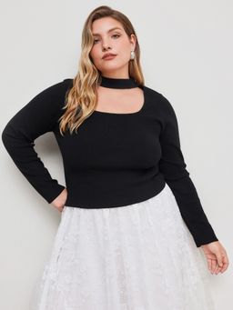Cider - Knit Stand Collar Solid Cut Out Long Sleeve Top Curve & Plus