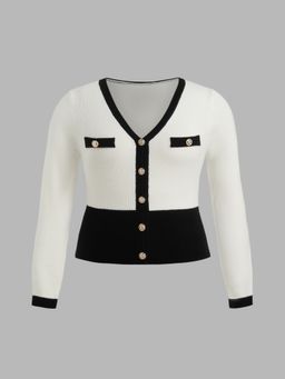 Cider - V-neck Solid Contrasting Binding Long Sleeve Crop Sweater Curve & Plus