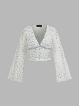 Cider - V-neck Floral Lace Long Sleeve Crop Blouse