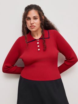Cider - Knit Collar Solid Button Long Sleeve Sweater Curve & Plus