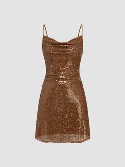 Cider - Sequins Cowl Neck Solid Ruched Mini Dress