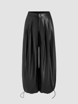 Cider - Faux Leather Low Rise Solid Drawstring Pocket Jogger Trousers