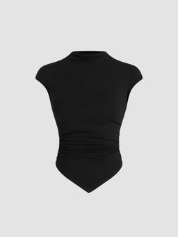 Cider - High Neck Asymmetrical Hem Ruched Short Sleeve Tee