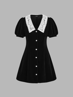 Cider - Velvet V-neck Solid Button Mini Dress