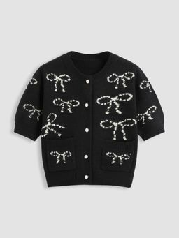 Cider - Knit Round Neckline Bowknot Button Short Sleeve Top