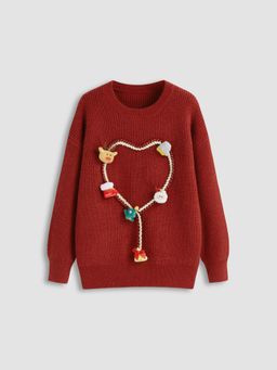 Cider - Knitted Round Neckline 3D Elk Santa Claus Oversized Sweater