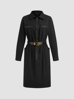 Cider - 100% Cotton Collar Solid Zipper Pocket Midi Dress With Belt