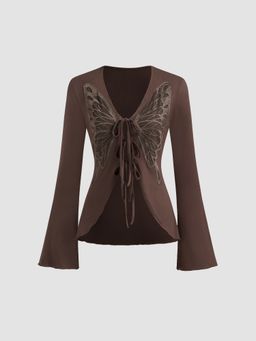 Cider - V-neck Butterfly Tie Front Long Sleeve Blouse