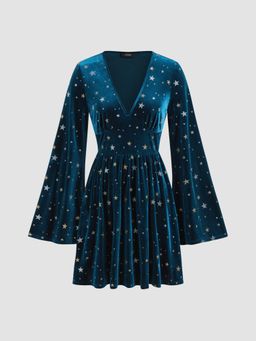Cider - Velvet V-neck Glitter Star Ruffle Mini Dress