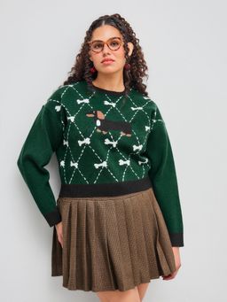 Cider - Knit Round Neckline Dog & Dog Bone Rhombus Sweater Curve & Plus