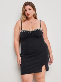 Cider - Sweetheart Solid Split Glitter Rhinestone Pearl Midi Dress Curve & Plus
