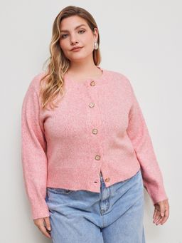 Cider - Knit Wool-Blend Round Neckline Solid Floral Button Crop Cardigan Curve & Plus