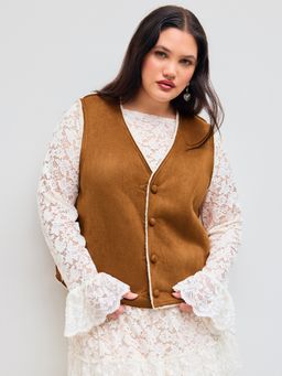 Cider - Reversible Faux Shearling V-neck Solid Button Contrasting Binding Vest Curve & Plus