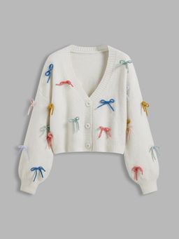 Cider - Knit V-neck Bowknot Button Cardigan