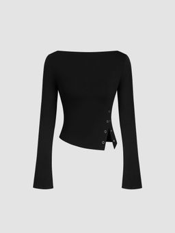 Cider - Boat Neck Solid Button Long Sleeve Crop Top