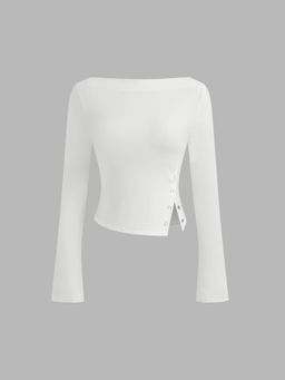 Cider - Boat Neck Solid Button Long Sleeve Crop Top