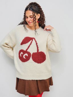Cider - Knit Wool-blend Round Neckline Cherry Oversized Long Sleeve Top Curve & Plus