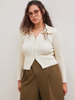 Cider - Knit Collar Solid Zipper Rib Cardigan Curve & Plus