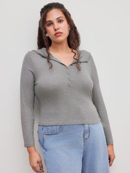 Cider - Hooded Solid Button Long Sleeve Top
