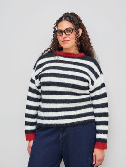 Cider - Round Neckline Striped Contrasting Binding Long Sleeve Oversized Sweater