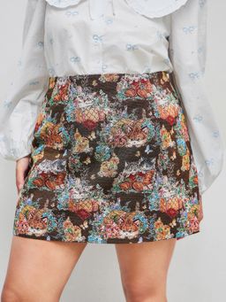 Cider - Jacquard Mid Rise Floral Cat Graphic Mini Skirt Curve & Plus