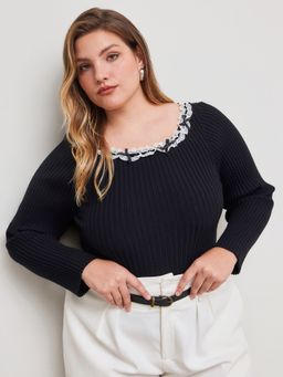 Cider - Knit Boat Neck Solid Lace Trim Bowknot Long Sleeve Sweater Curve & Plus