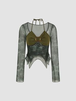 Cider - Sweetheart Abstract Patched Knotted Long Sleeve Top