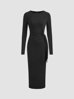 Cider - Round Neckline Solid Knotted Midi Dress