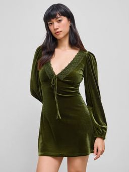 Cider - Velvet V-neck Solid Lace Trim Knotted Mini Dress