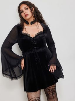 Cider - Velvet Square Neck Solid Lace Up Bell Sleeve Mini Dress Curve & Plus