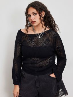 Cider - Knit Asymmetrical Neck Solid Hollow Out Skull Long Sleeve Top Curve & Plus