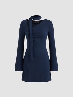 Cider - Asymmetrical Neck Ruched Mini Dress With Scarf