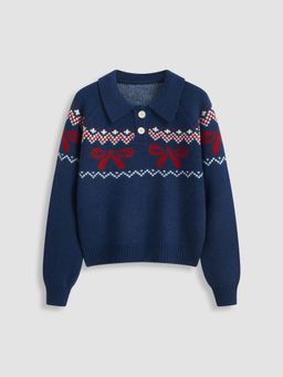Cider - Knit Collar Bowknot Long Sleeve Top