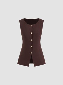 Cider - Knitted Boat Neck Solid Button Vest